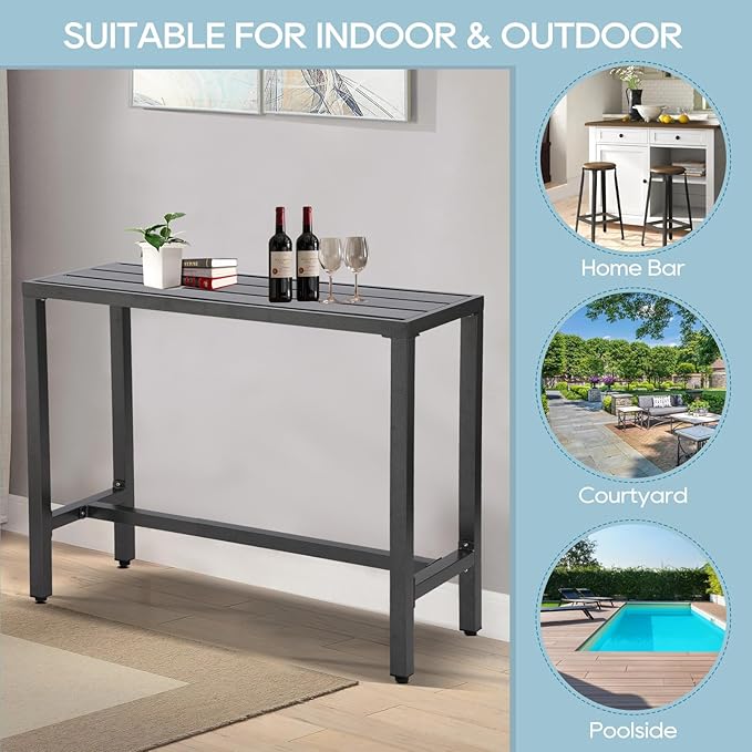 Outdoor Bar Table, Patio Console Pub Height Tables with Powder Coated Steel Frame, Weather Resistant Waterproof Top for Hot Tub, Balcony, Garden, Yard, Poolside (Grey, 55" Bar Table)