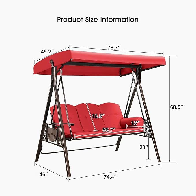 PURPLE LEAF 3-Seat Deluxe Outdoor Patio Porch Swing with Weather Resistant Steel Frame, Adjustable Tilt Canopy, Cushions and Pillow Included, Terra