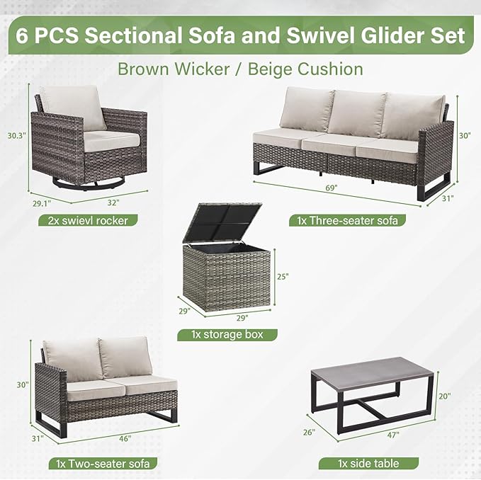 Belord Family Reunion Patio Conversation Set - 6 Piece Outdoor Sectional Furniture Set with Storage Box and Wicker Swivel Glider Chair Set of 2,Removable Beige Cushions for Deck Backyard Sunroom
