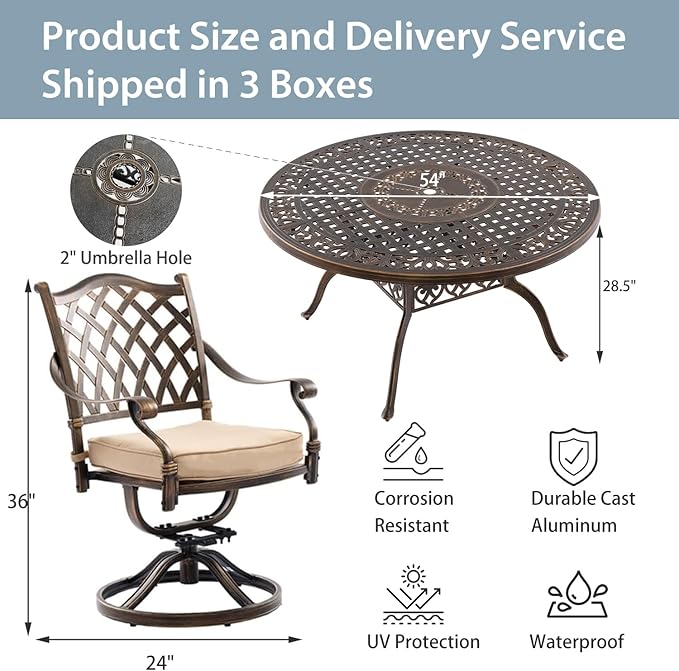 5-Piece Cast Aluminum Patio Furniture, Patio Dining Set for 4 Include 54" Round Outdoor Dining Table and 4 Swivel Chairs with Cushions & Umbrella Hole (Bronze)
