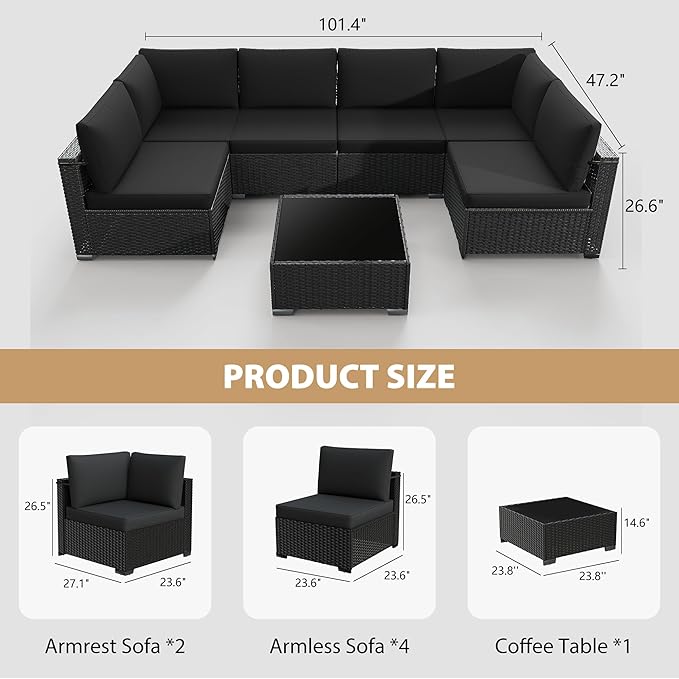 KIGOTY Patio Furniture Set,7 Pieces Modular Outdoor Sectional Sofa, PE Rattan Patio Conversation Set, All Weather Wicker Patio Furniture with Cushions and Coffee Table（Black/Black）