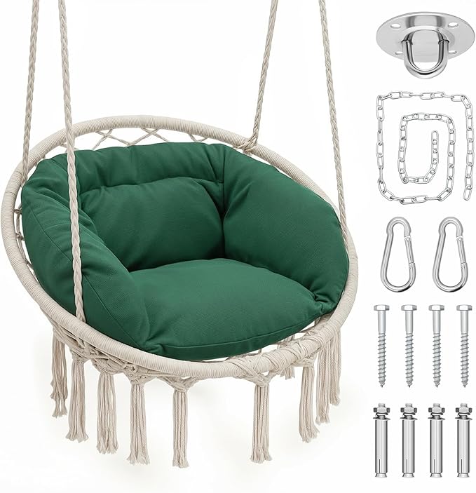 Magshion Hanging Hammock Chair with Comfy Cushion Offer Extra Support, Macrame Swing Chair Porch Hanging Chair, 350 Lbs Capacity, Perfect for Backyard Beach Relaxation and Enjoyment (Green and White