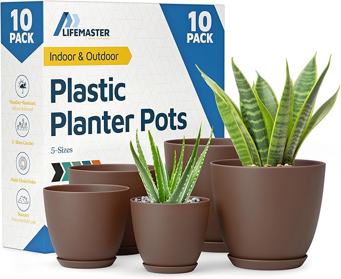 Planter Pots with Drainage Holes - Lightweight, Durable & Space-Saving Pots for Indoor and Outdoor - Versatile Functionality, Simple Modern Design, Set of 10 Plastic Planter Pots - Brown