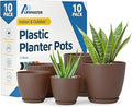 Planter Pots with Drainage Holes - Lightweight, Durable & Space-Saving Pots for Indoor and Outdoor - Versatile Functionality, Simple Modern Design, Set of 10 Plastic Planter Pots - Brown