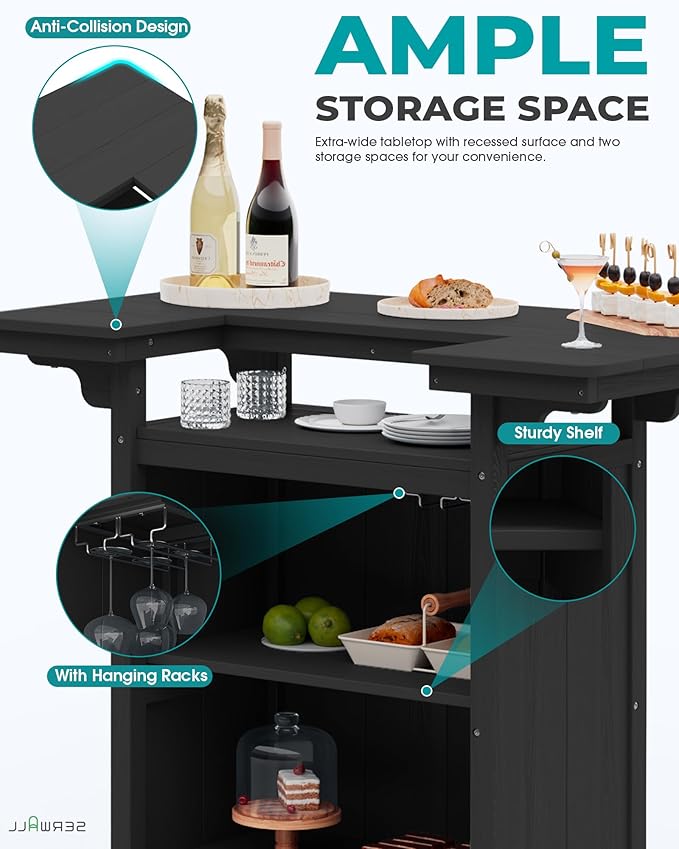 SERWALL Outdoor Bar Table Set (1 Table with 2 Chairs) – HDPE Black Patio Bar Cabinet with 4-Tier Storage & Spacious Tabletop, Perfect for Outdoor, Poolside, Backyard
