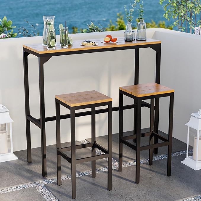 AECOJOY 3-Piece Outdoor Bar Set, Patio Bar Height Table and Chairs Set 47" Rectangular Pub Height Bar Table with 2 Bar Stools Patio Pub Bar Set for Balcony, Porch