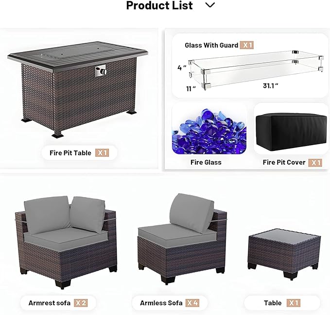 Kullavik 8 Pieces Outdoor Patio Furniture Set with 43" 55000BTU Gas Propane Fire Pit Table PE Wicker Rattan Sectional Sofa Patio Conversation Sets,Grey