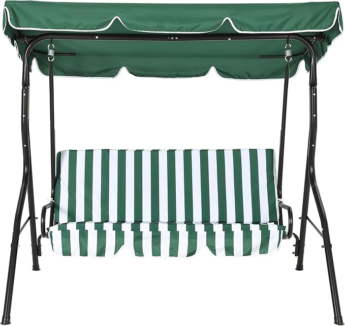 Outdoor Porch Swing Chair with Adjustable Canopy & Striped Seat Cushion for Adults 3-Seat Patio Glider Bench with Thick Cushions Steel Frame Outdoor Swing Chair for Backyard Lawn Garden Green