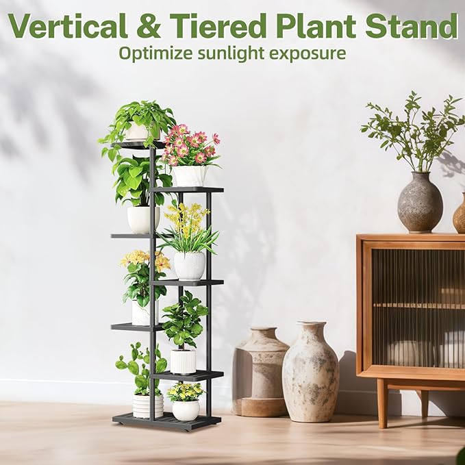 iDavosic.ly Plant Stand with Grow Light Indoor Outdoor, 6-Tier Tall Metal Flower Shelf for Heavy-Duty Large Planters, Corner Orchid Display Rack for Living Room Balcony Patio Porch, Modern Black