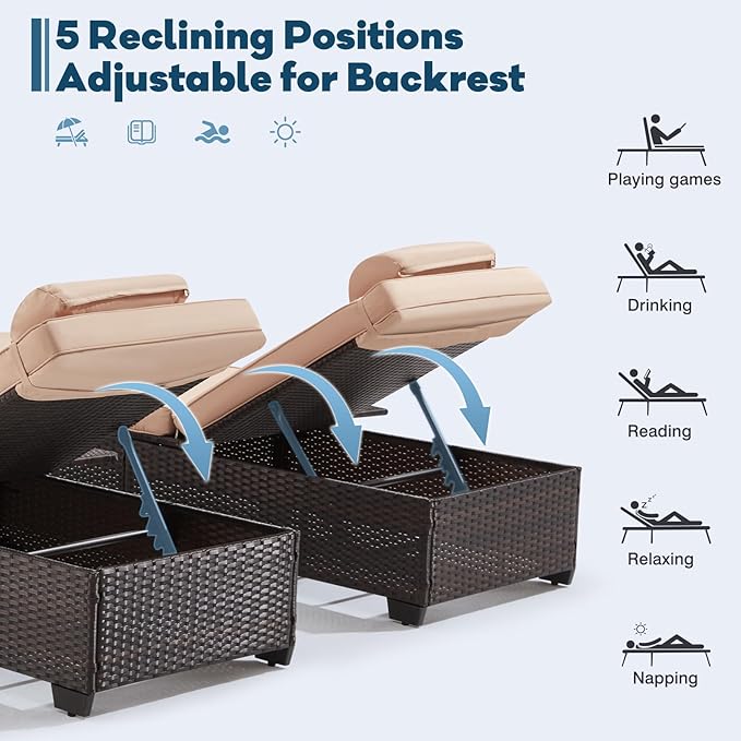 Outdoor Lounge Chairs, Pool Lounge Chairs Set of 2, Outdoor Chaise Lounge with Adjustable Backrest & Cup Holder,Khaki Cushiom