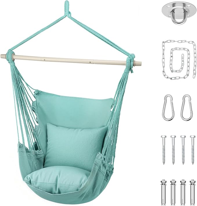 Athena Collection Hammock Chair Hanging Rope Swing Chair with 2 Cushions, Max 350 Lbs, Hanging Macrame Chair with Anti-Slip Grooves Spreader Bar and Pocket for Outdoor Indoor Patio Yard, Green