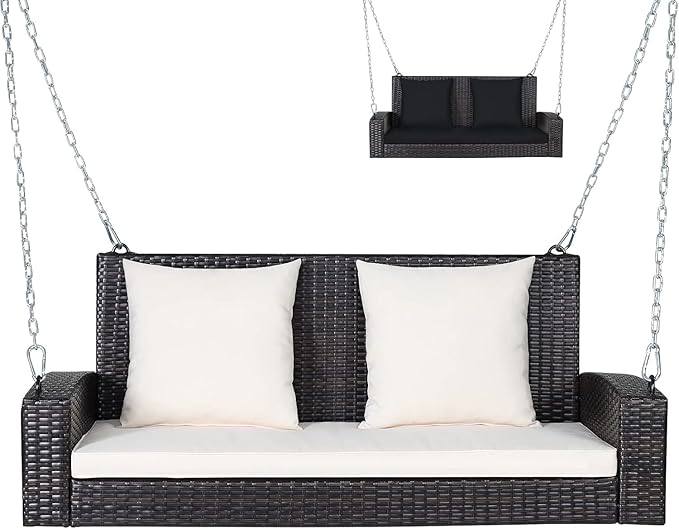 RELAX4LIFE 2-Seat Rattan Porch Swing, Wicker Outdoor Swings w/7.9 Ft Solid Metal Chain, Back & Seat Cushions for Garden Backyard, 800LBS Max Load, 2-Person Patio Swing, Beige & Black Cushion Covers