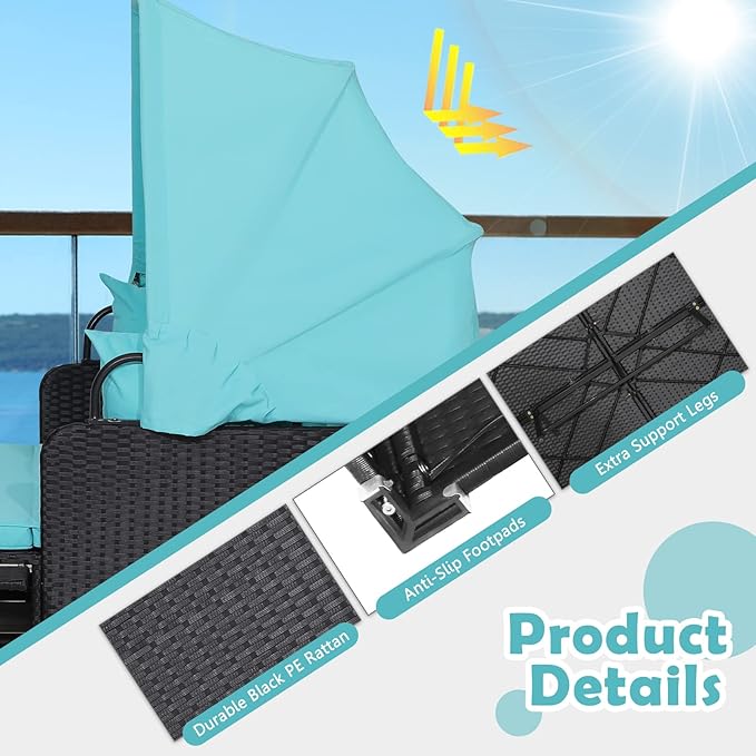 ORALNER Outdoor Daybed, 2-Person Wicker Patio Sofa with Retractable Canopy, Cushions & Pillows, 2 Side Trays, PE Rattan Double Sunbed Lounger for Deck Poolside Backyard Garden Balcony (Turquoise)