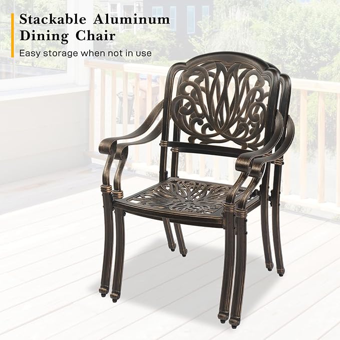 VINGLI 5-Piece Outdoor Patio Dining Set, Cast Aluminum All-Weather Outdoor Table and Chairs w/Cushion, Outdoor Furniture Set w/Umbrella Hole for Backyard Deck Poolside (Square, Elizabeth Back)