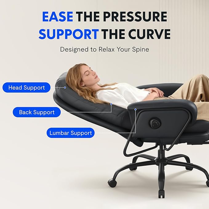 FLEXISPOT Luno 2-in-1 Chaise Lounge Chair Indoor with Wheels Footrest 90-165° Reclining Lumbar Support, Home Office Chairs for Living Room Bedroom Study Relaxing Working, Leather, Black