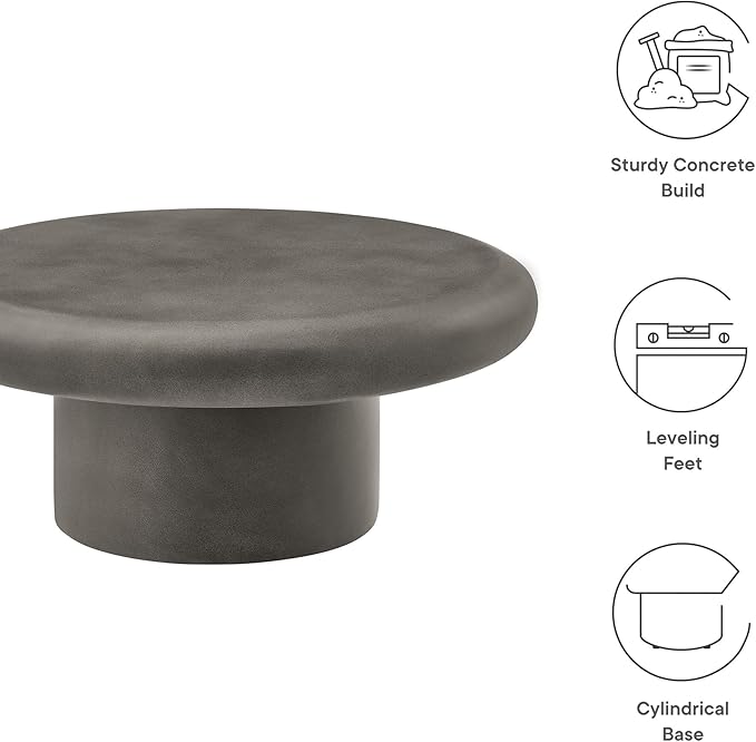 Modway Argos Round Concrete Coffee Table in Gray - Cement Low Coffee Table for Sitting on The Floor - Weather Resistant Stone Patio Coffee Table - Indoor Outdoor 34 Inch Center Table