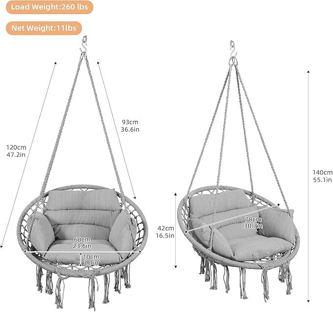 Goutime Hammock Chair, Macrame Hanging Swing Chairs with Cushion and Hardware Kit,Adult Boho Swings for Outside,Patio,Balcony,Bedroom (Light Grey)