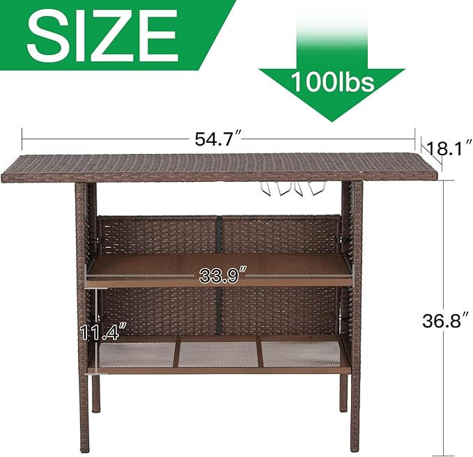 ECOTOUGE Patio Wicker Bar Table, Outdoor Rattan Counter Table with Steel Storage Shelves & Wine Rack for Party, Picnic (Brown)