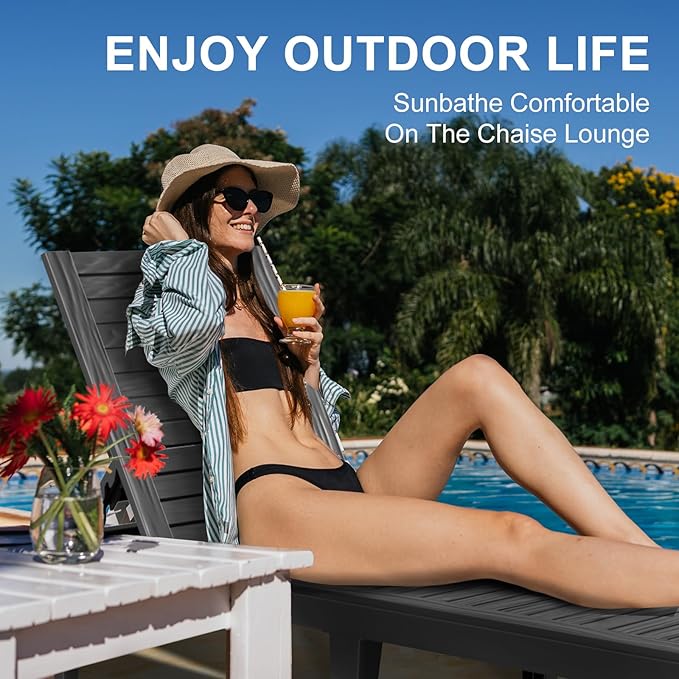 ROJIK Outdoor Chaise Lounge Chair with 5-Position Adjustable Backrest,Waterproof & Lightweight | Durable Indoor/Outdoor Patio Lounger Chair for Garden Pool Beach(Single, Black)
