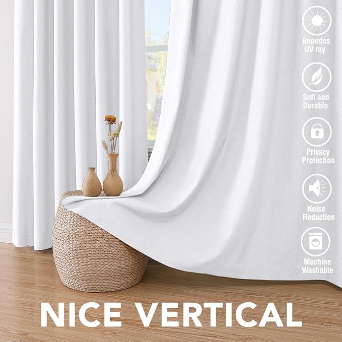 H.VERSAILTEX 100% Blackout Curtains for Bedroom Thermal Insulated Linen Textured Curtains Heat and Full Light Blocking Drapes Living Room Curtains 2 Panel Sets, 52x84 - Inch, Pure White