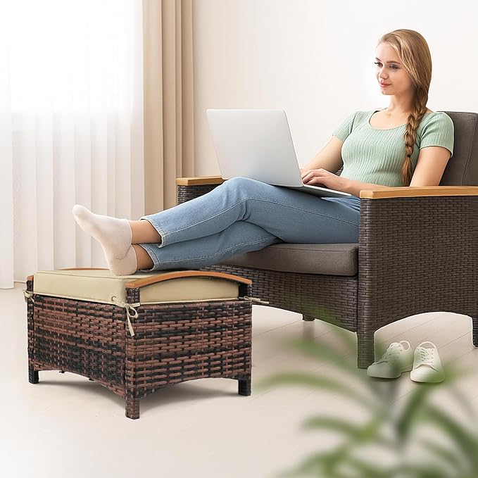 VINGLI Wicker Outdoor Ottoman Set of 2, All Weather PE Rattan Footstool for Patio w/Removable Cushions, Waterproof Rattan Foot Rest for Garden, Balcony, Poolside (Brown)