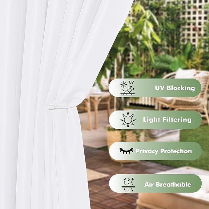 HolidayIdeas Outdoor Curtains for Patio Waterproof, 8 Panels - 54x84 Inches - Weatherproof Privacy Outsides Curtains for Cabana Porch Pergola, Sunlight & UV Blocking (White, Grommet Top)
