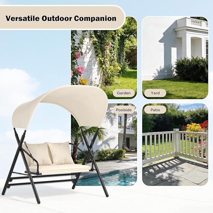 AECOJOY 2 Seat Outdoor Patio Swing Chair with Cover, Porch Swings Chairs for Adult, Outside Metal Steel Frame Patio Swing Bench, Beige