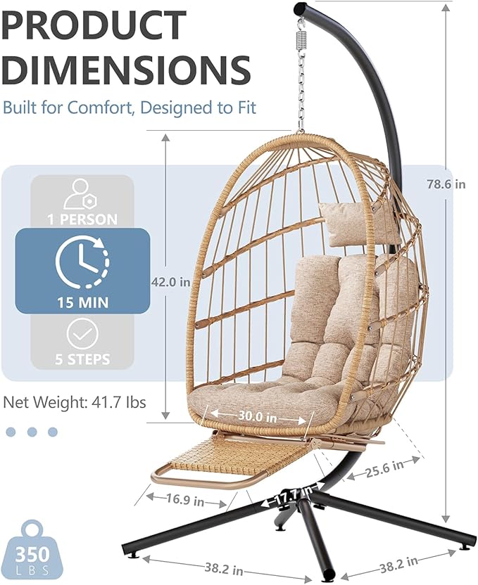 SWITTE Egg Chair Outdoor with Footrest & Stand, Indoor Wicker Hanging Egg Swing Chair with Cushion for Patio, Bedroom, Garden - Cream