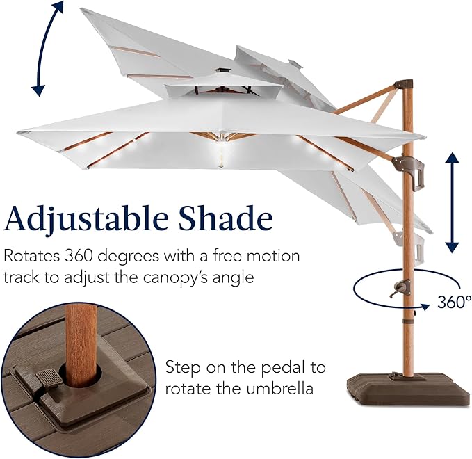 Best Choice Products 10ft Square Cantilever Patio Umbrella w/Base Included, Woodgrain Pattern Pole & Solar LED Lights, 360-Rotation, Offset Hanging Outdoor Shade - Fog Gray
