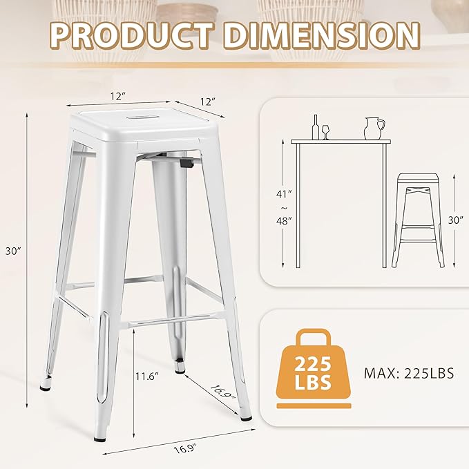 Furmax 30 Inch Metal Bar Stools Set of 4, Counter Height Backless Stools, Industrial Bar Chairs Patio Stool Stackable Backless Stool for Kitchen/Dining Room/Bistro Indoor Outdoor (Distressed White)