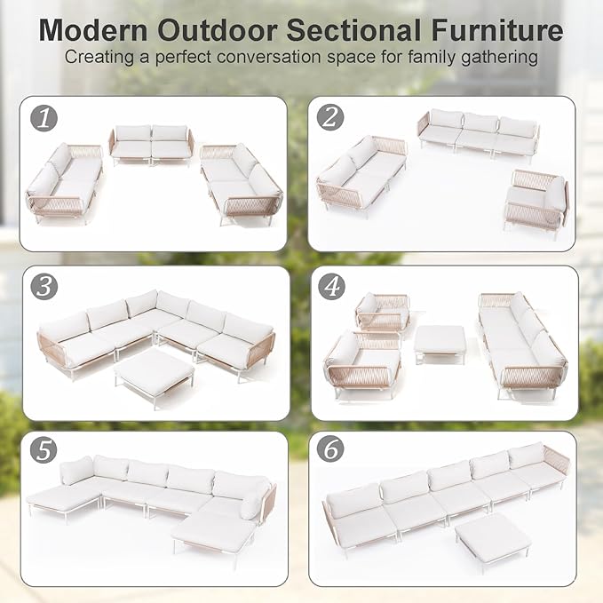 6 Piece Modern Outdoor Sectional Sofa, 31" Oversized Patio Furniture Set with Olefin Woven Rope, Weather-Resistant Metal Frame and Removable Cushion, Beige