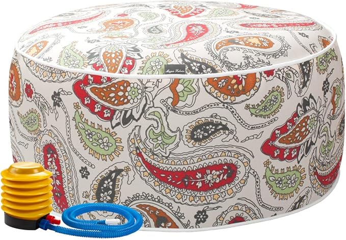 Magpie Fabrics Indoor/Outdoor Inflatable Stool Ottoman Pouf, Water Repellent Round Footrest Footstool with Foot Pump D20 xH9, Portable for Patio Garden Travel Camping or Home, Paisley Red Beige