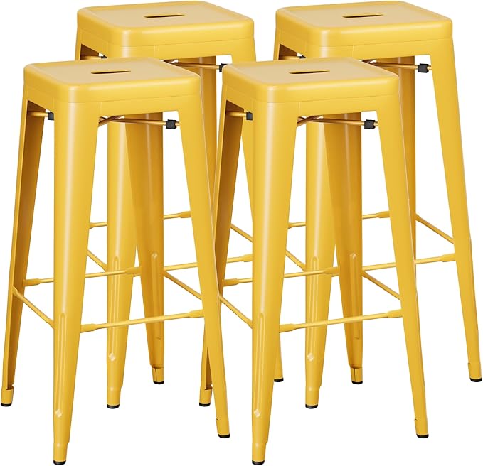 Shahoo 30 Inches Metal Bar Stools Counter Height Stackable Backless Stools, Industrial Patio Stools Indoor Outdoor Metal Kitchen Stools Set of 4 (Yellow, 30'')