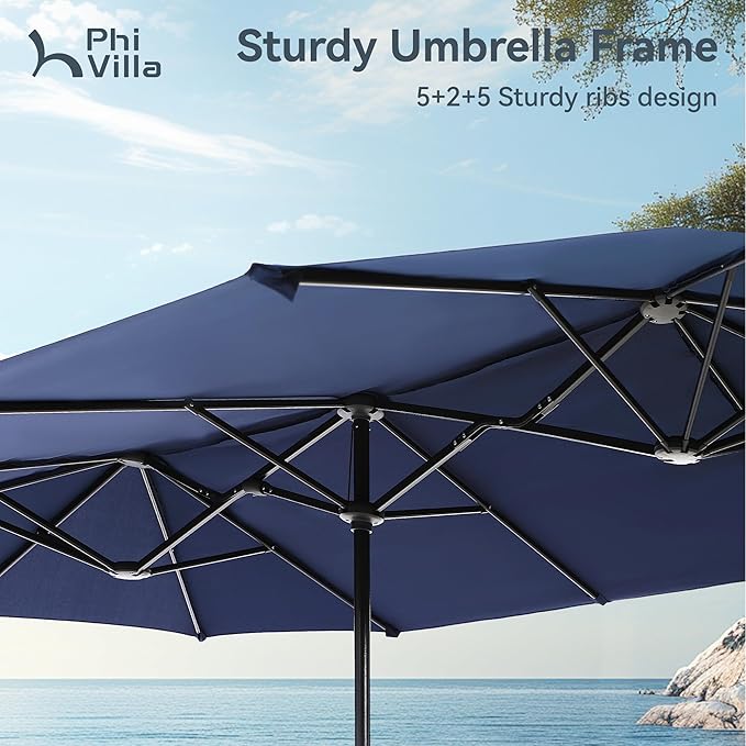 PHI VILLA 8 Piece Patio Dining Set with 13ft Patio Umbrella (Navy Blue), 6 Outdoor Padded Swivel Dining Chairs & 1 Large Metal Dining Table with 1.57" Umbrella Hole, for Lawn Garden Backyard
