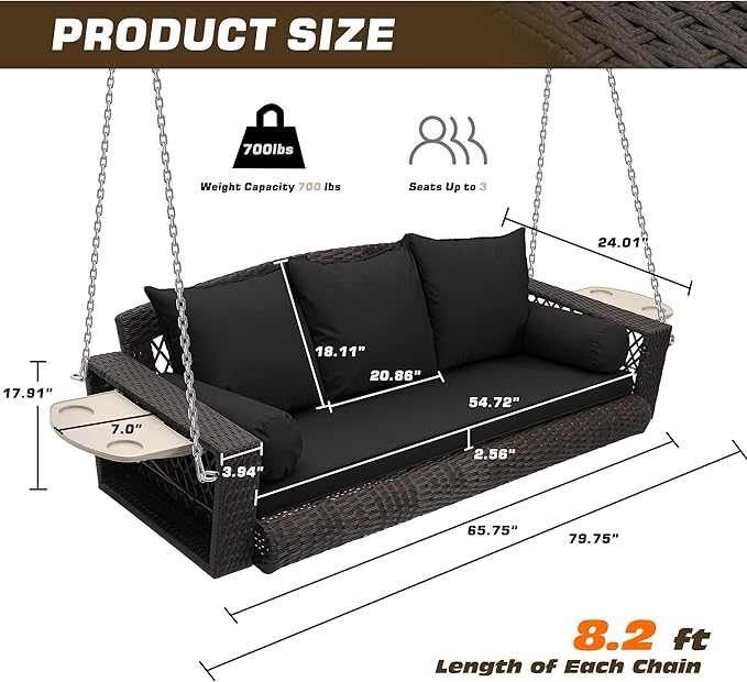 Grepatio Wicker Hanging Porch Swing - Outdoor 3 Person Patio Swing Bench with Cushion & Chains - 3-Seat Porch Swing Chair with Cup Holder for Garden, Yard, Lawn (Black Brown Rattan)