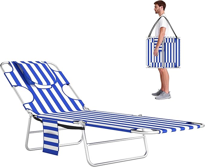 Outsunny Chaise Lounge Chair Outdoor with Face Arm Hole, 5-Position Reclining Face Down Tanning Chair with Carry Strap, Side Pocket, Portable Folding Bed Cot for Patio Beach Pool, Blue Stripe