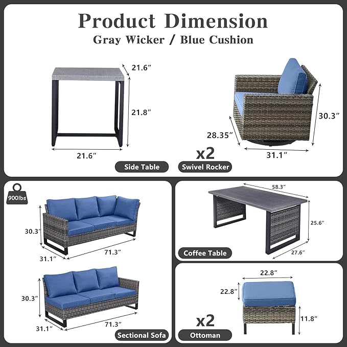 Belord Patio Sectional Furniture Set with Coffee Table: 8 Pieces Wicker Patio Conversation Set with L Shaped Sofa, Outdoor Swivel Glider Rocker, Rattan Ottomans, Removable