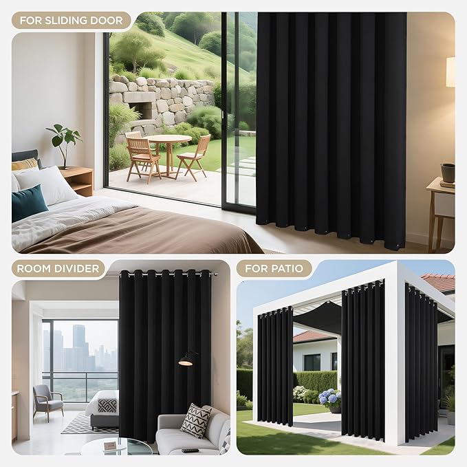 Joydeco Blackout Patio Sliding Door Curtains 84 Inches Long, Grommet Privacy Room Divider Curtains, Extra Wide Thermal Blackout Drapes for Bedroom Living Room (Black, 70Wx84L, 1 Panel)