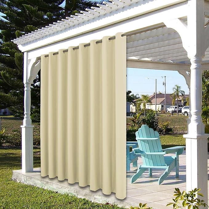 BONZER Wide Waterproof Outdoor Curtains for Patio Heavy Privacy Light Filtering Grommet Outside Curtains for Porch, Pergola, Gazebo, 1 Panel, 110W x 108L inch, Cream