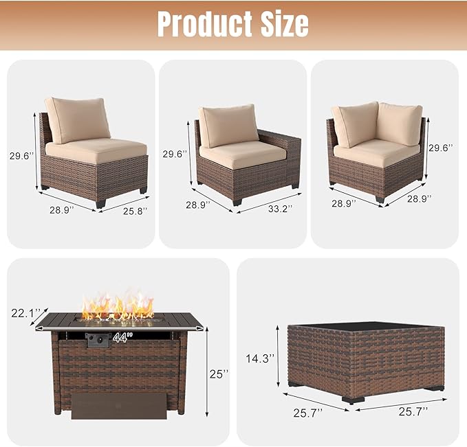 Aoxun 13 Pieces Patio Furniture Set with 44” Fire Pit Table Wicker Rattan Outdoor Sectional Conversation Set with Coffee Table and 4” Thickened Cushions, Beige (Waterproof Cover Included)