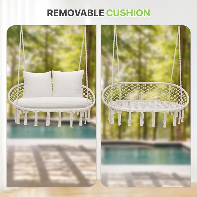 Magshion Double Hammock Swing Chair with 3 Cushions, 700 lbs Capacity, Macrame Hanging Bench for Indoor & Outdoor Use, Cotton Woven Mesh Porch Hanging Rope Swing, Beige
