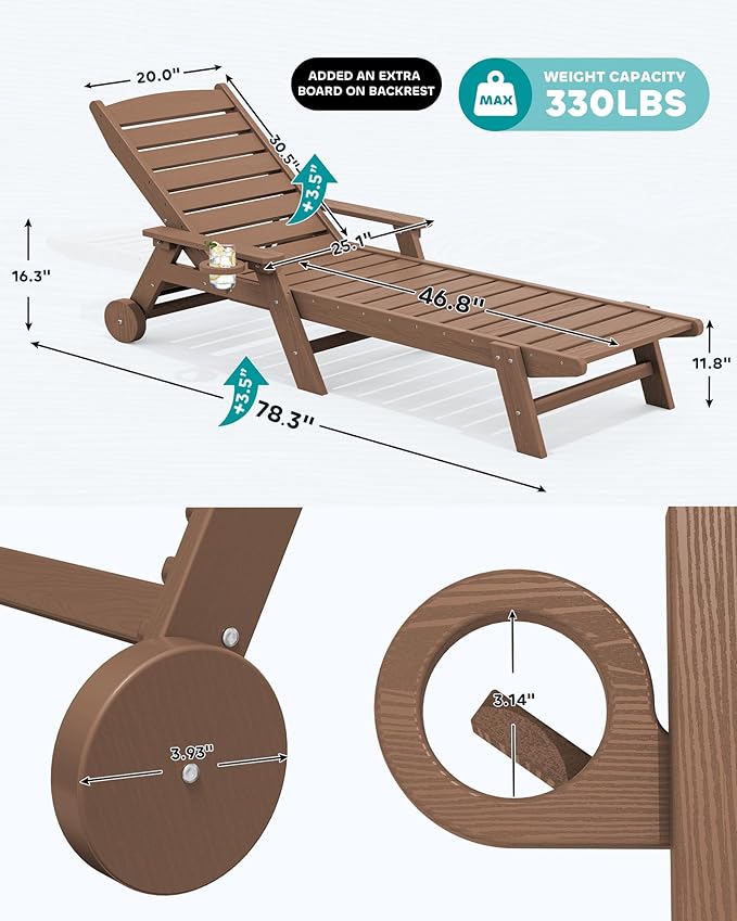 SERWALL HDPE Chaise Lounge Set of 2 for Outdoor, Brown