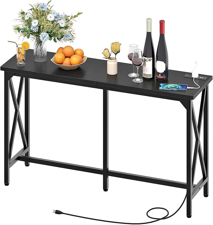55'' Bar Table, Kitchen Dining Table with Power Outlet and Footrest, Industrial Style, for Pub, Living Room, Rustic Brown and Black TBT09UBB