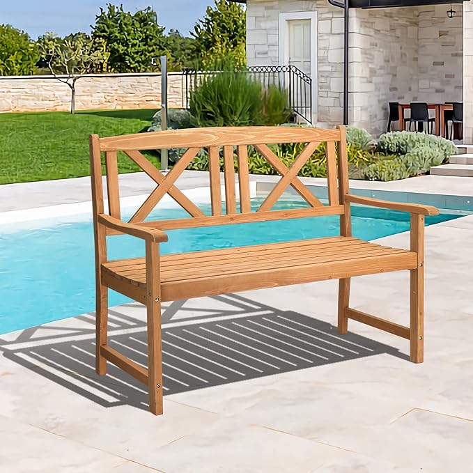 Outvita Wooden Garden Bench, Outdoor Wood Patio Bench, Rustic 2-Person Loveseat Chair w/Armrest for Porch Poolside Park Backyard Balcony, Capacity 605Lbs, X Backrest