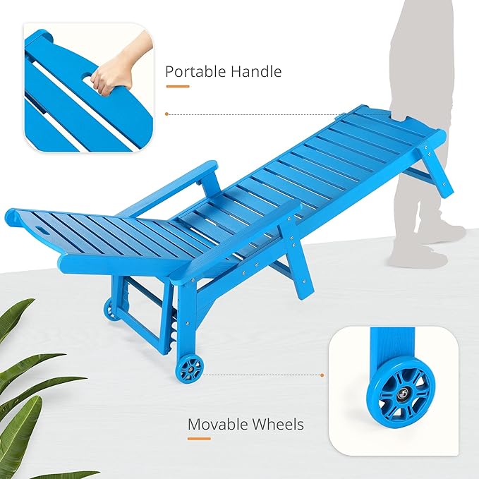 LUE BONA Outdoor Chaise Lounge Chairs Set of 4, HDPS Chaise Lounger, 5 Positions Adjustable Lounge Chairs, Pool Lounge Chair with Wheels for Poolside, Blue