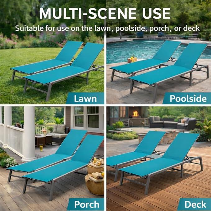 Kozyard 2-Pack Outdoor Lounge Chairs, Foldable Aluminum Frame Patio Chaise Lounge with 5-Position Adjustable Backrest, No Assembly, Breathable Textilene Fabric for Poolside Beach (Aqua, No Table)