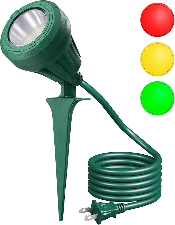 DEWENWILS 120V Spotlight Outdoor, 500LM Waterproof LED Spot Light with 3 Extra Lenses (Red Yellow Green), Landscape Lighting for Holiday, Trees, Flag, 5FT Extension Cord, UL Listed