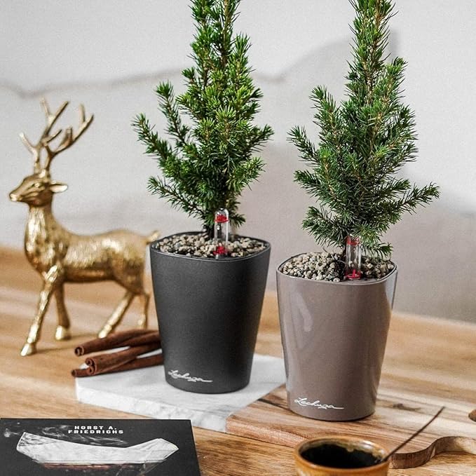Lechuza DELTINI Shiny Taupe High Gloss, Self-Watering Small Indoor Planter, H7.5 L5.9 W5.9 in