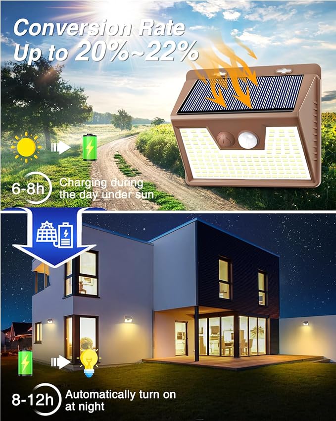 Peasur Solar Lights Outdoor Motion Sensor Waterproof, 6Pack 140LED Brown Solar Powered Fence Light, 3 Modes Security Wall Lights for Garden Yard Outside(Warm White)