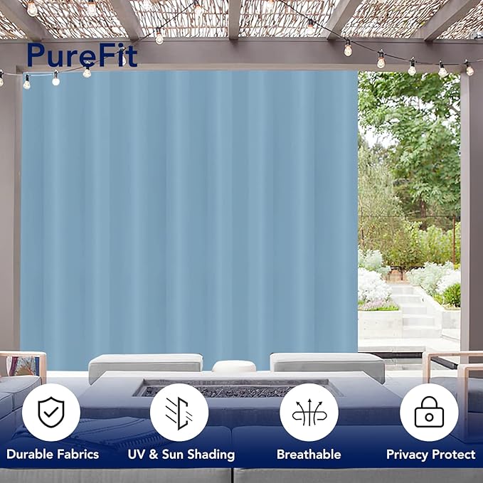 PureFit Outdoor Curtains for Patio Waterproof Weatherproof, UV and Fade Resistant Outside Curtains for Gazebo, Front Porch, Pergola, Sun Blocking Privacy Curtain, 120W x 95L inch, 1 Panel, Sky Blue